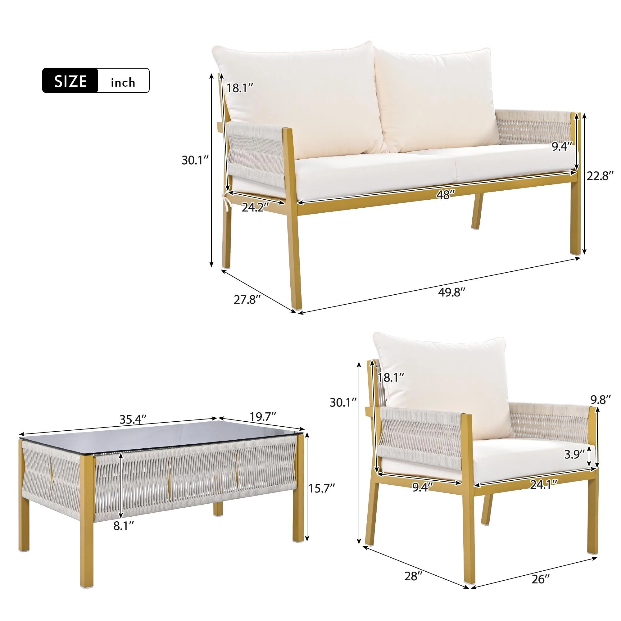 Glavbiku 4-Piece Patio Furniture Set,Outdoor Furniture with Tempered Glass Table for Backyard,Yellow