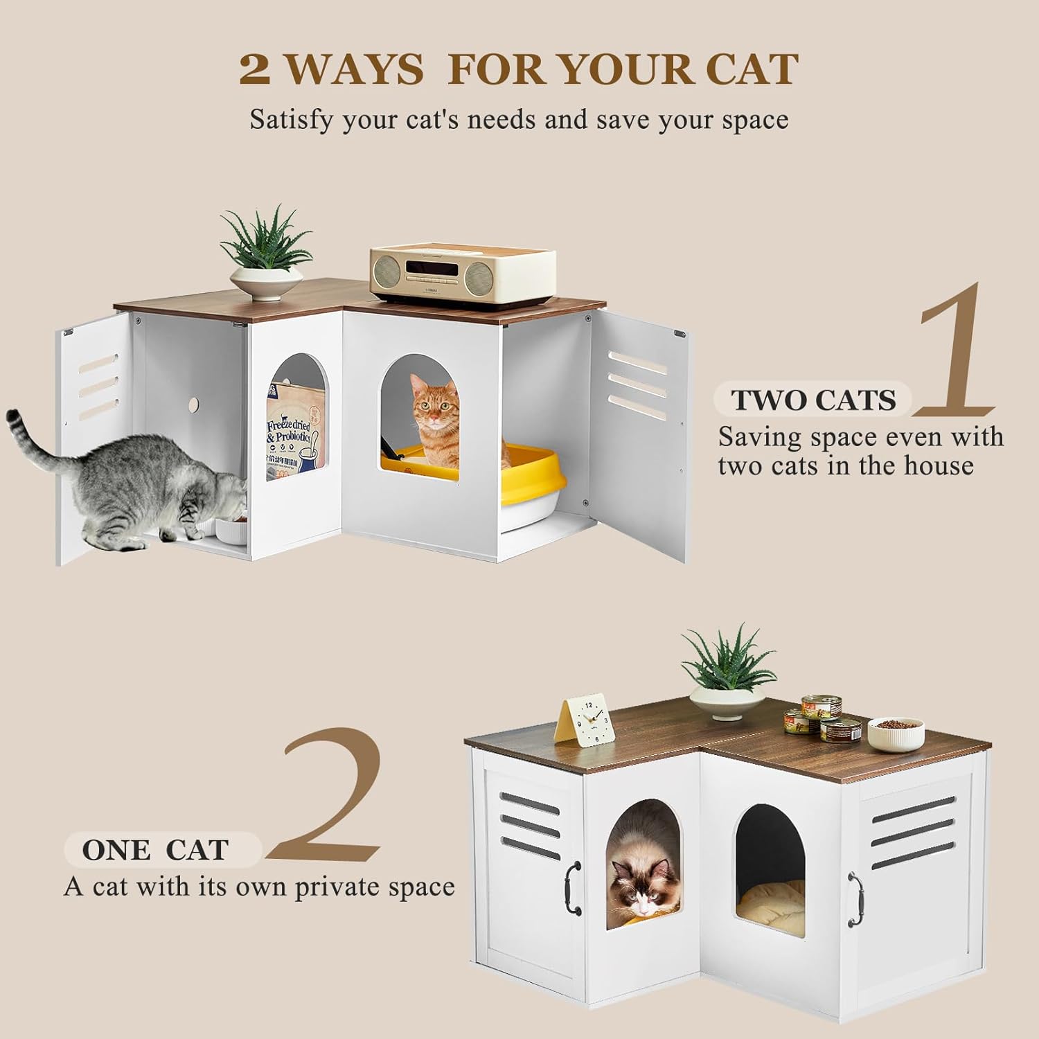 Corner Litter Box Enclosure for 2 Cats, Hidden Litter Box Furniture, Litter Box Cabinet with Double Room, Indoor Cat House End Table