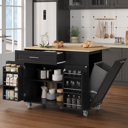 Kitchen Island with Storage, 31.5" D Rolling Kitchen Island Cart on Wheels with Widen Drop Leaf Rubberwood Top