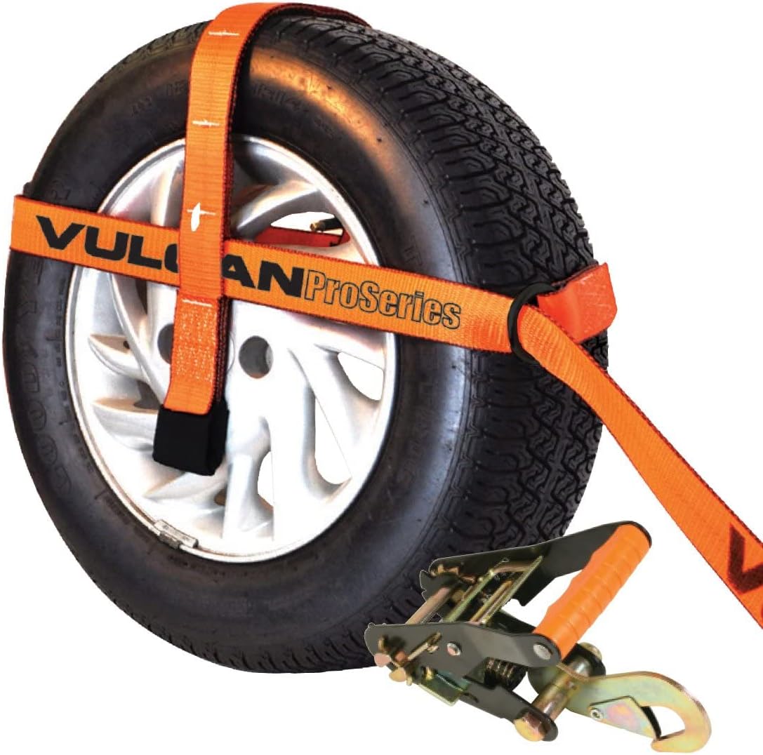 VULCAN Car Tie Down Kit - Adjustable Loop - Snap Hooks - Classic Yellow - Complete Kit Includes 4 Straps and 4 Ratchets