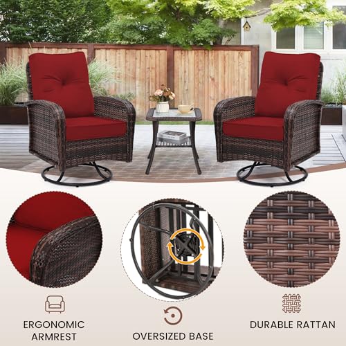 3 Piece Rattan Wicker Bistro Set, Outdoor Conversation Furniture Set with Glass Top Table, Space Saving for Balcony, Backyard, Natural