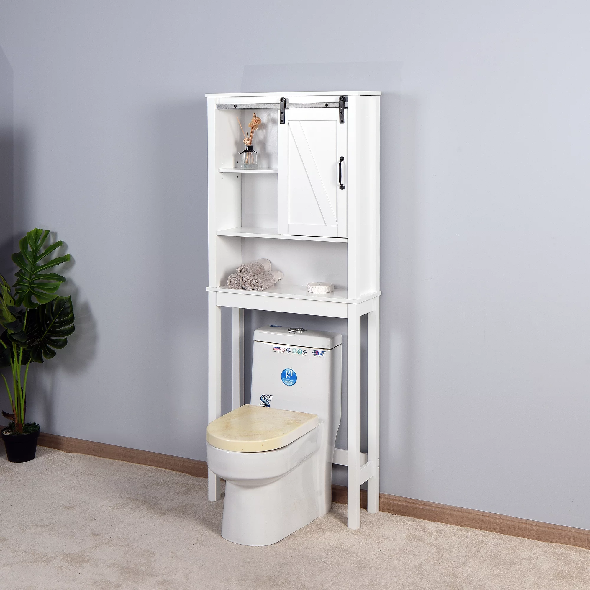 SUXXAN Over-the-Toilet Storage Cabinet, Space-Saving Bathroom Cabinet, with Adjustable Shelves and A Barn Door 27.16 x 9.06 x 67 inch