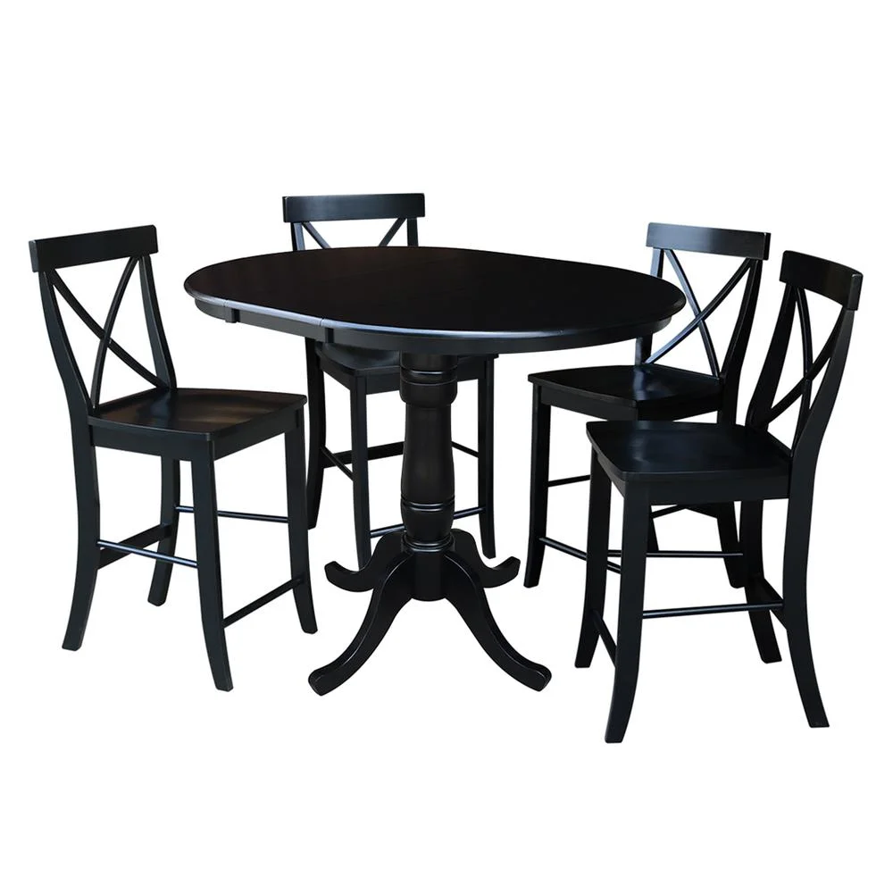 36" Round Counter Height Table with 12" Leaf and 4 X-back Stools - Black - 5 Piece set