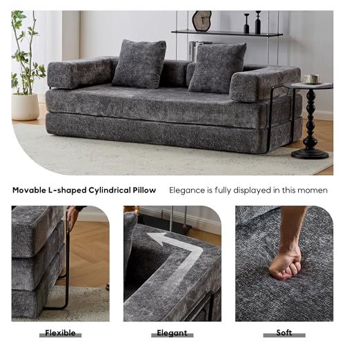 Convertible Sleeper Sofa Bed with Cylindrical Pillow, Corduroy Folding Mattress Couch with Fixed-Shape Frame