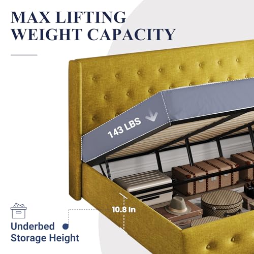 Allewie Full Size Lift Up Storage Bed, Modern Wingback Headboard, Hydraulic Support, No Box Spring Needed, Light Beige