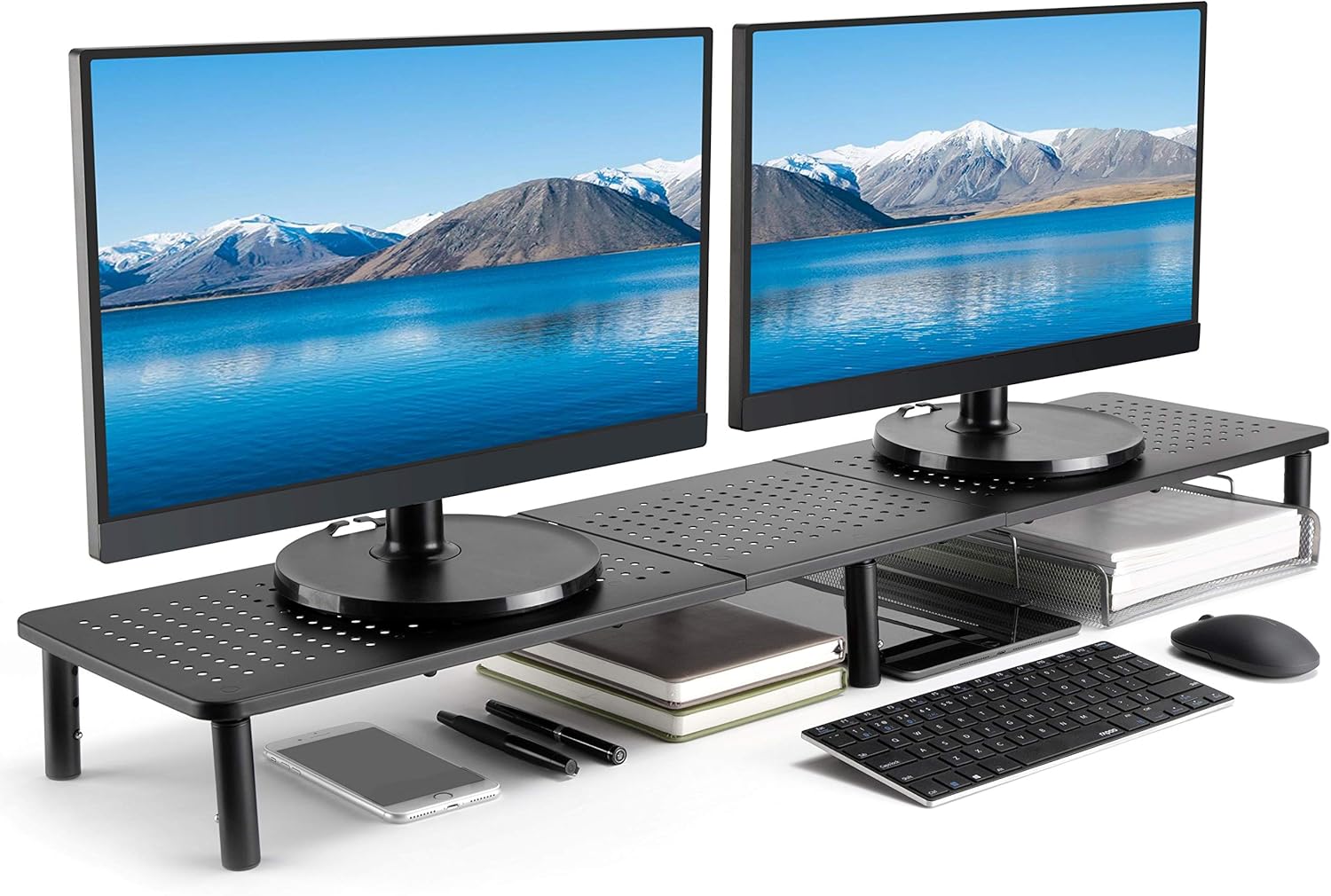 Husky Mounts Large Dual Monitor Stand Riser, Adjustable Legs, 39" x 9.25" x 5.5" Max Height, Matte Black Steel Pack of 2
