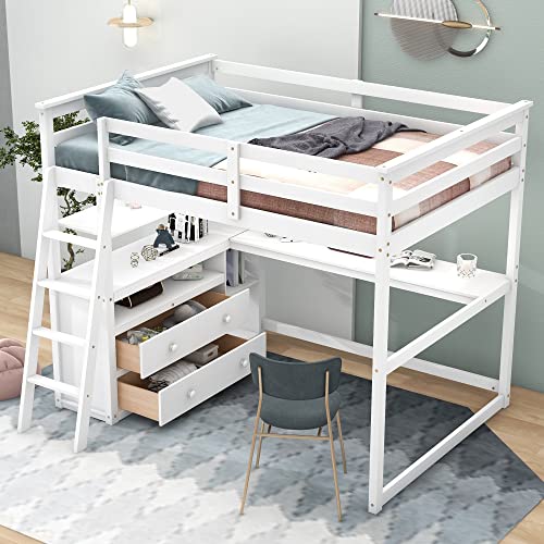 Harper & Bright Designs Twin Size Loft Bed with Wardrobe, Desk and Multiple Storage Shelves, Solid Wood Loft Bed Frame with Bookshelf