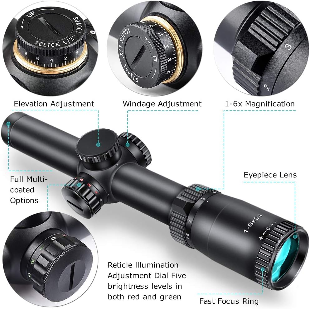 EZshoot SFP 1-6X24E Riflescope Waterproof Dual-Color (Red/Green) Illuminated-Reticle Crosshair Scope for Hunting