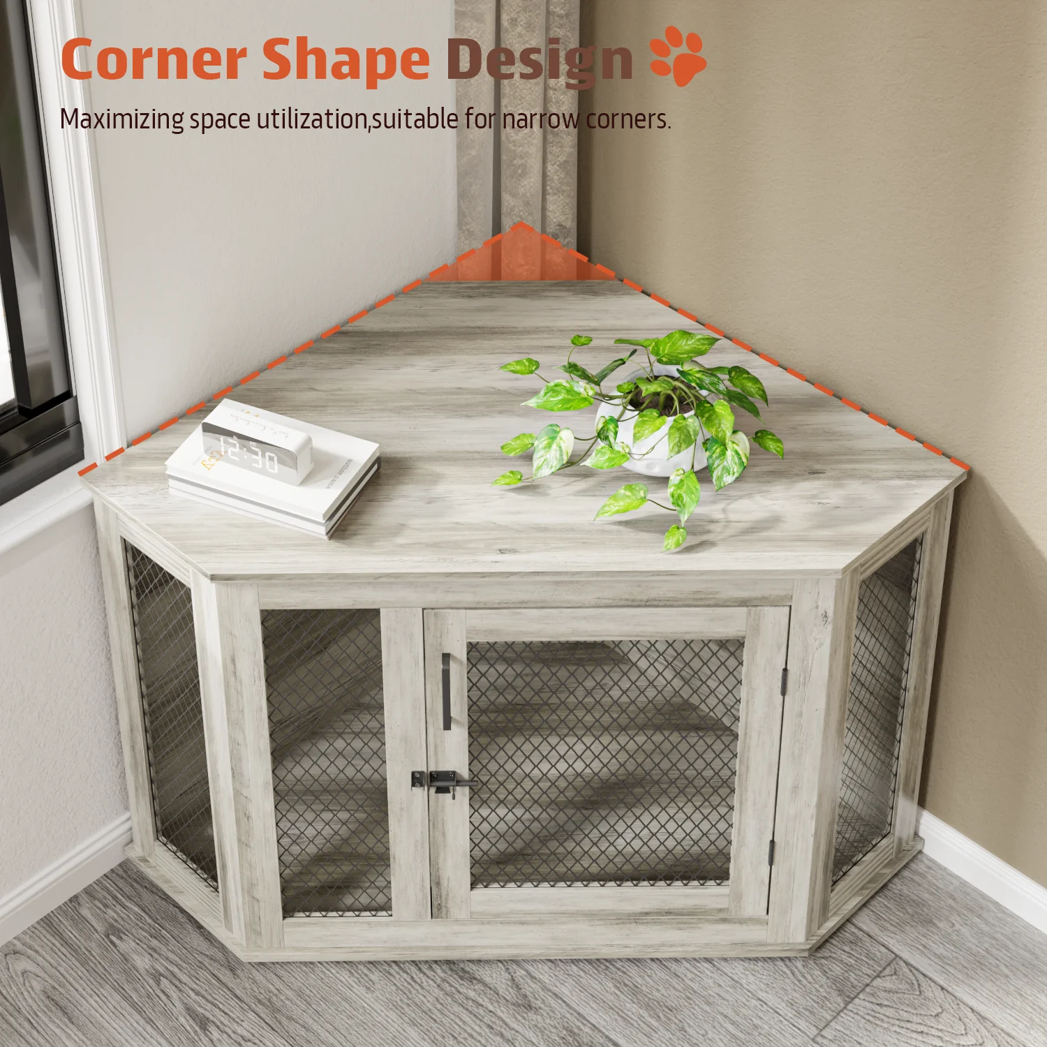 Bossin 44"Corner Dog Crate Furniture，Wooden Dog Kennel Indoor Furniture，Decorative Dog Crate