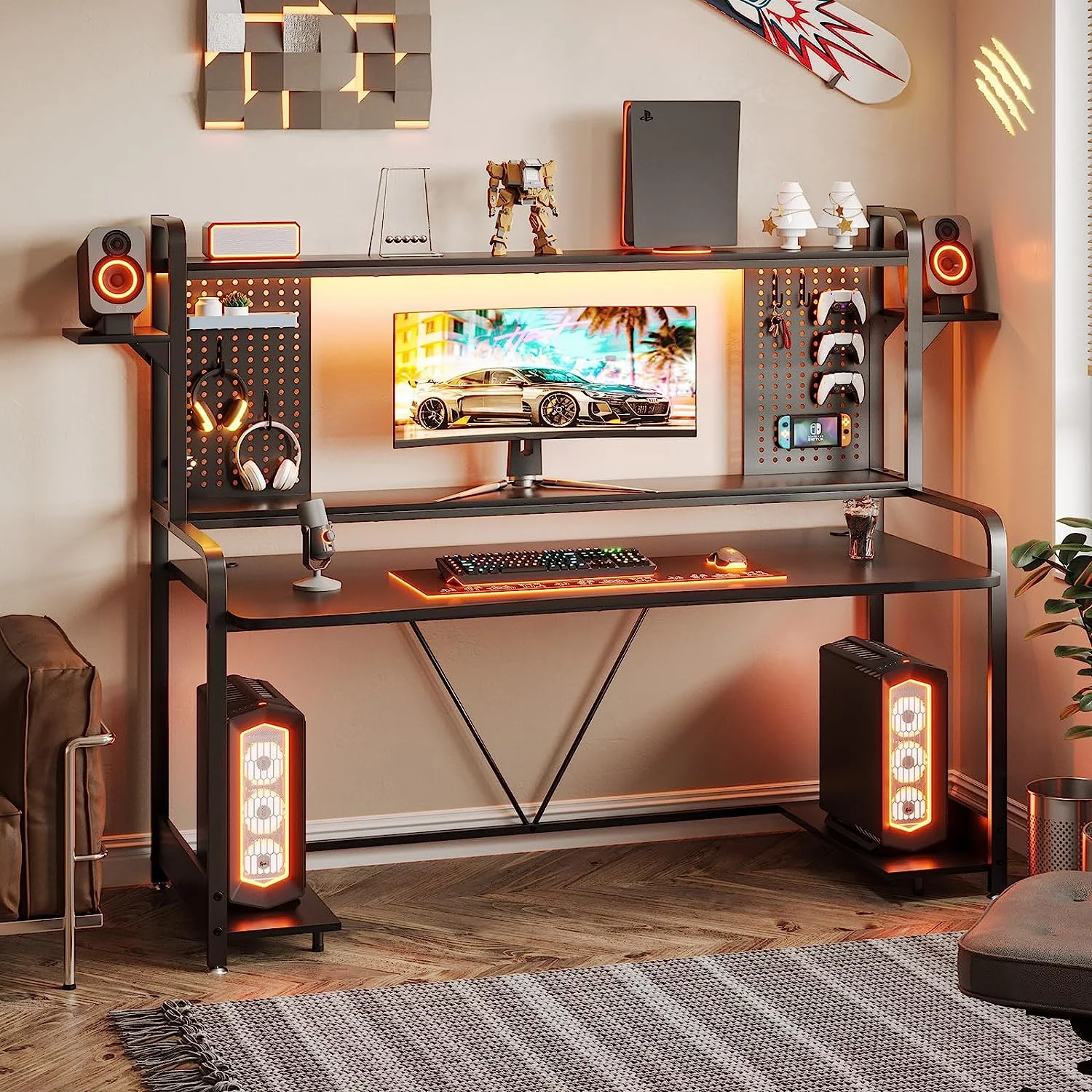 SEDETA Gaming Desk, 55" Computer Desk with Hutch and Shelves, LED Lights, Pegboard and Monitor Shelf, Large PC Gamer Desk Workstation for Home Office