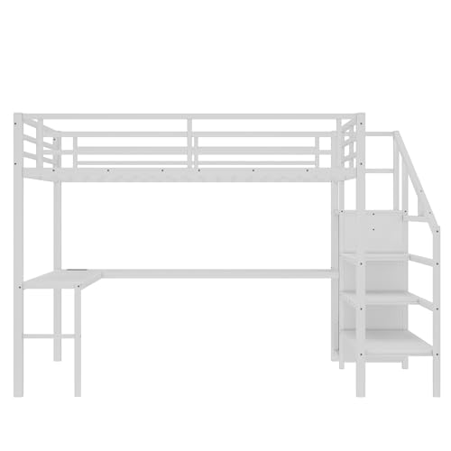 Bellemave Full Size Metal Loft Bed with L Shaped Desk and Wardrobe, Heavy Duty Loft Bed Frame with Storage Stairs