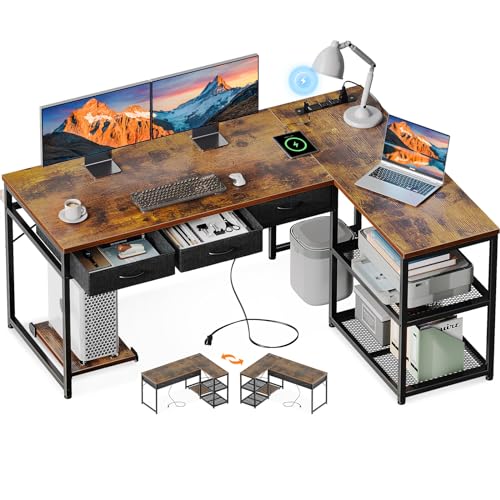 AODK 53 Inch L Shaped Computer Desk with Drawers, Corner Desk with Power Outlets & Reversible Storage Shelves