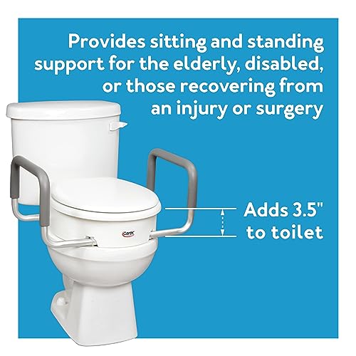 Carex 3.5 Inch Raised Toilet Seat with Arms - For Elongated Toilets, Elevated Toilet Riser with Removable Padded Handles, Easy On and Off