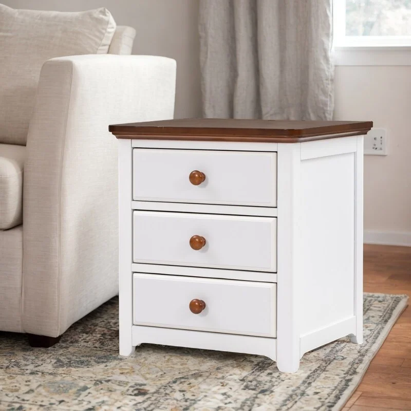 20 in. Scandinavian Style Solid Wood Nightstand with USB Charging Port and Three Drawers for Bedroom Wine