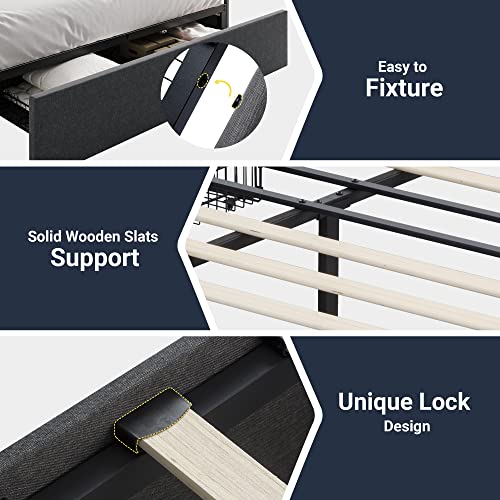 Allewie Queen Size Platform Bed Frame with 3 Storage Drawers, Fabric Upholstered, Wooden Slats Support, No Box Spring Needed, Noise Free