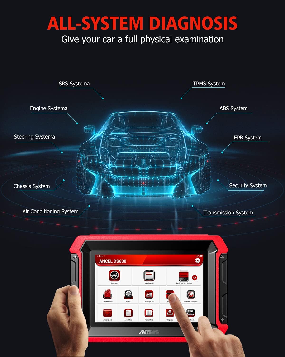 ANCEL DS600 Top Version Full Function Automotive Diagnostic Scan Tool for All Cars, 34+ Reset Services All System Bi-Directional Car OBD2 Scanner