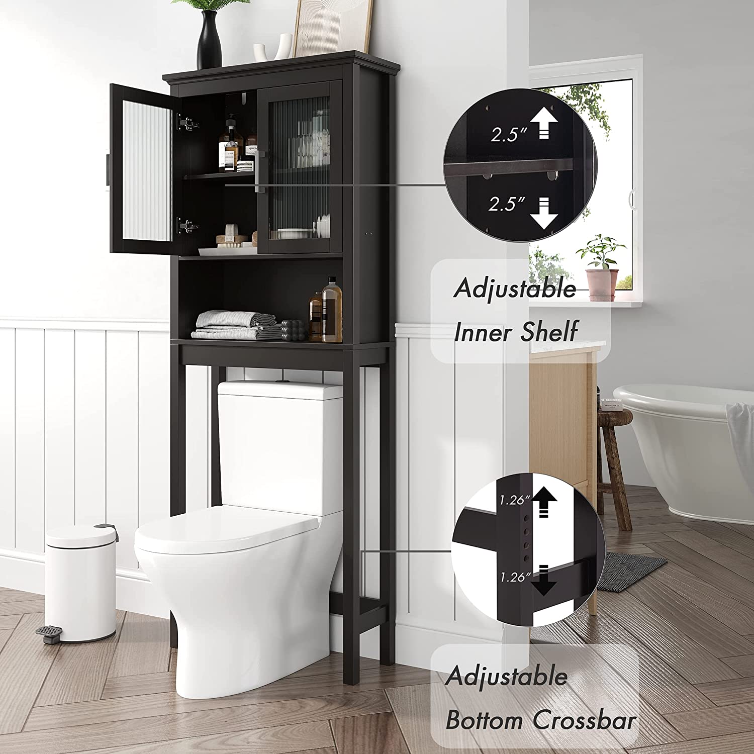 Spirich Home Bathroom Cabinet Over The Toilet, Bathroom Storage Cabinet with Windowpane Glass Doors and Adjustable Shelves