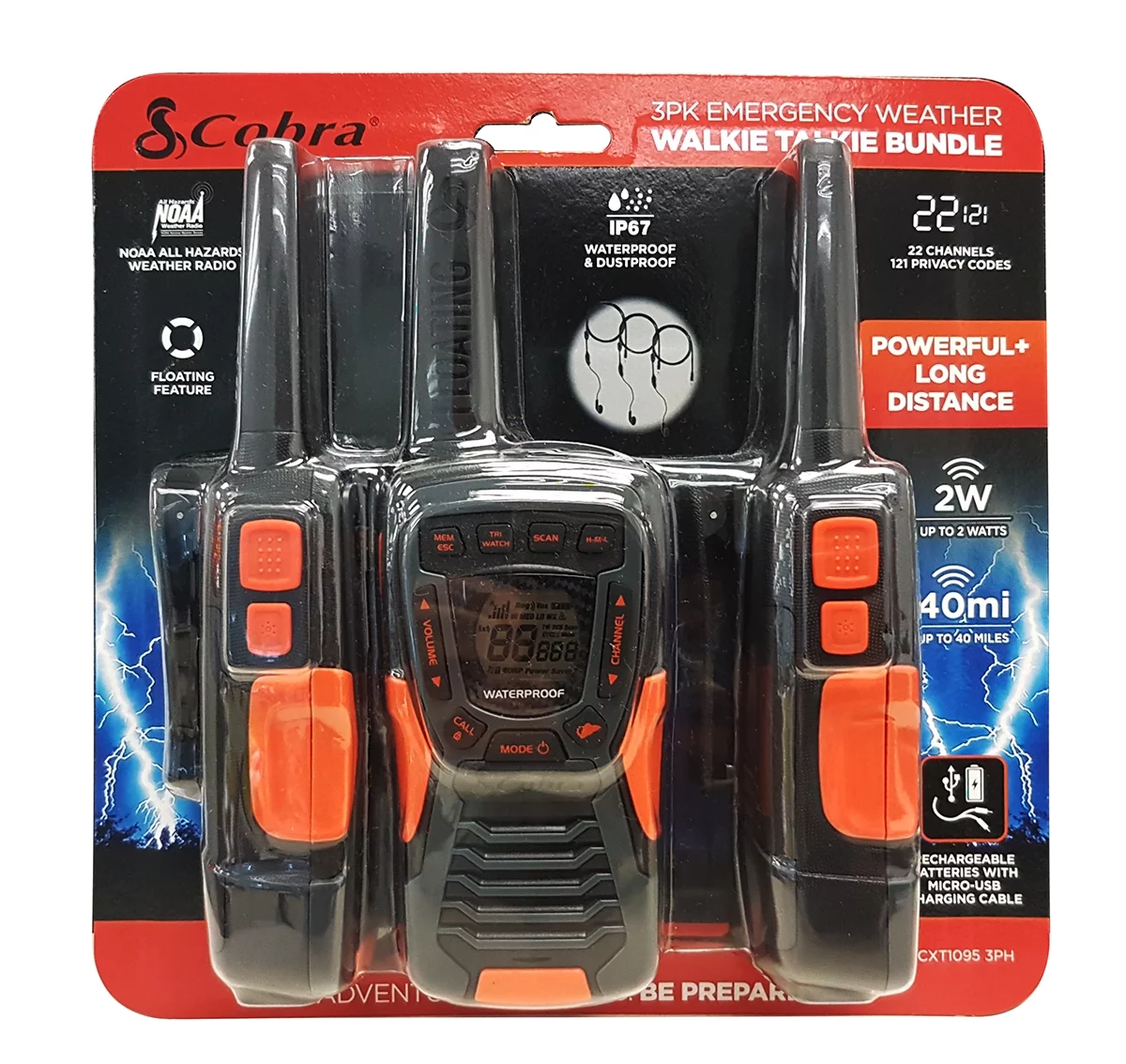 Cobra CXT1095 3PH Emergency Two-Way Radios (3-Pack) IP67 Certified Waterproof Walkie Talkies