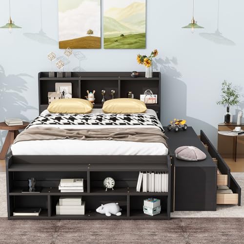 SOFTSEA Full Size Platform Bed with Storage, Platform Bed with Drawers and Bed End Case, Wood Platform Bed Frame with Storage Bookcase Headboard