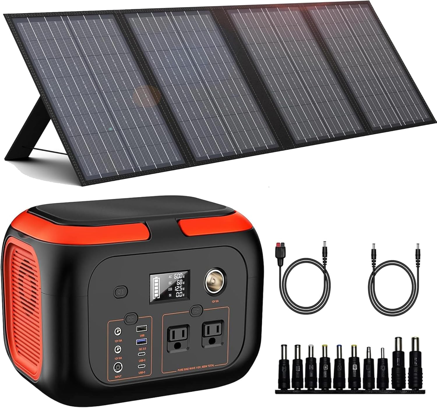 296Wh 600W Portable Power Station with 60W Solar Panel, Solar Generator Outdoor Backup Battery Supply with AC Outlet for Tent Camping, Home Emergency