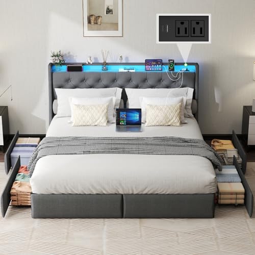 Queen Bed Frame with 2 Storage Drawers, Platform Bed Frame Queen Size with LED Light, Upholstered Headboard, Charging Station, Steel Slat Support