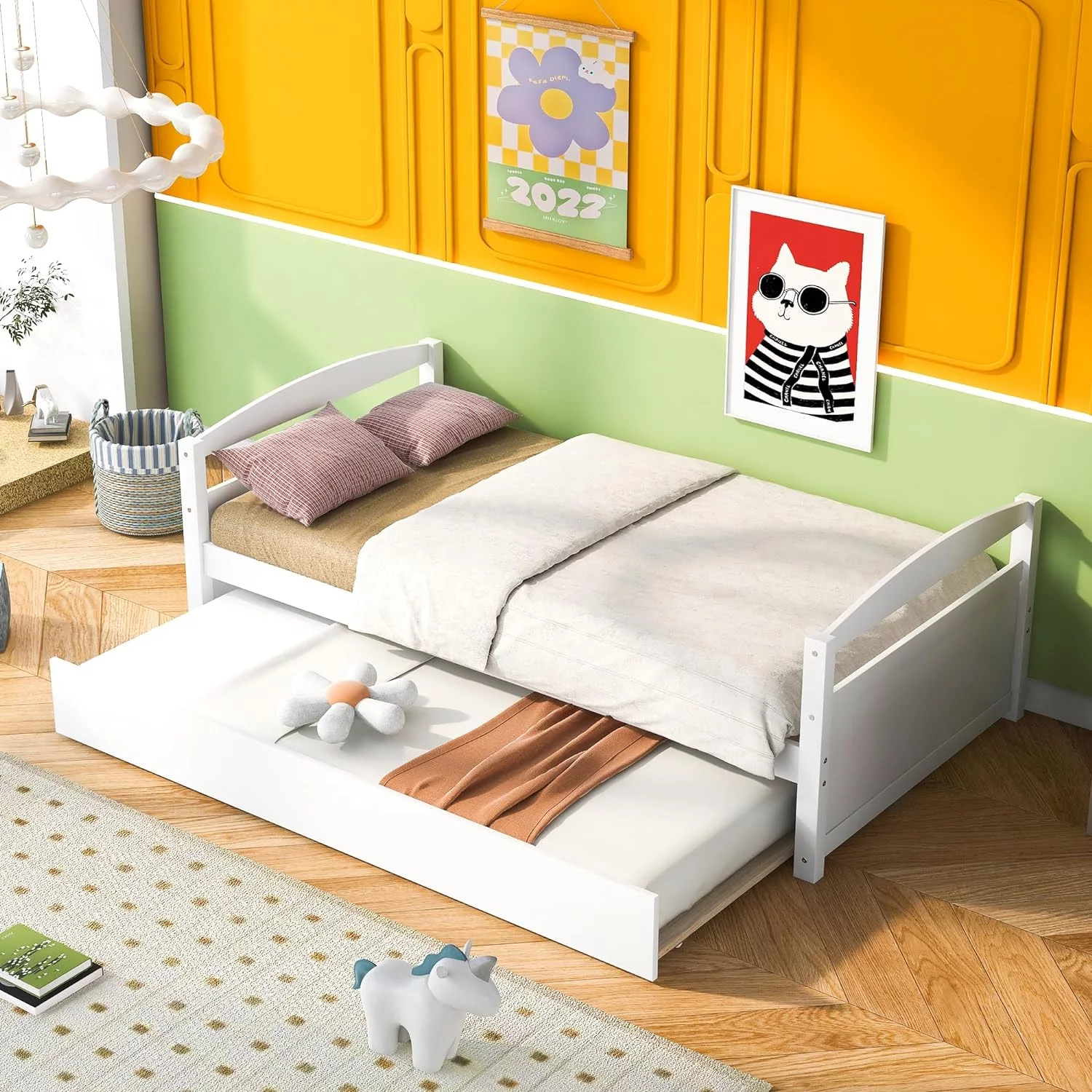 Size Daybed With Trundle, Wood Platform Bed Frame, Slats Support, White