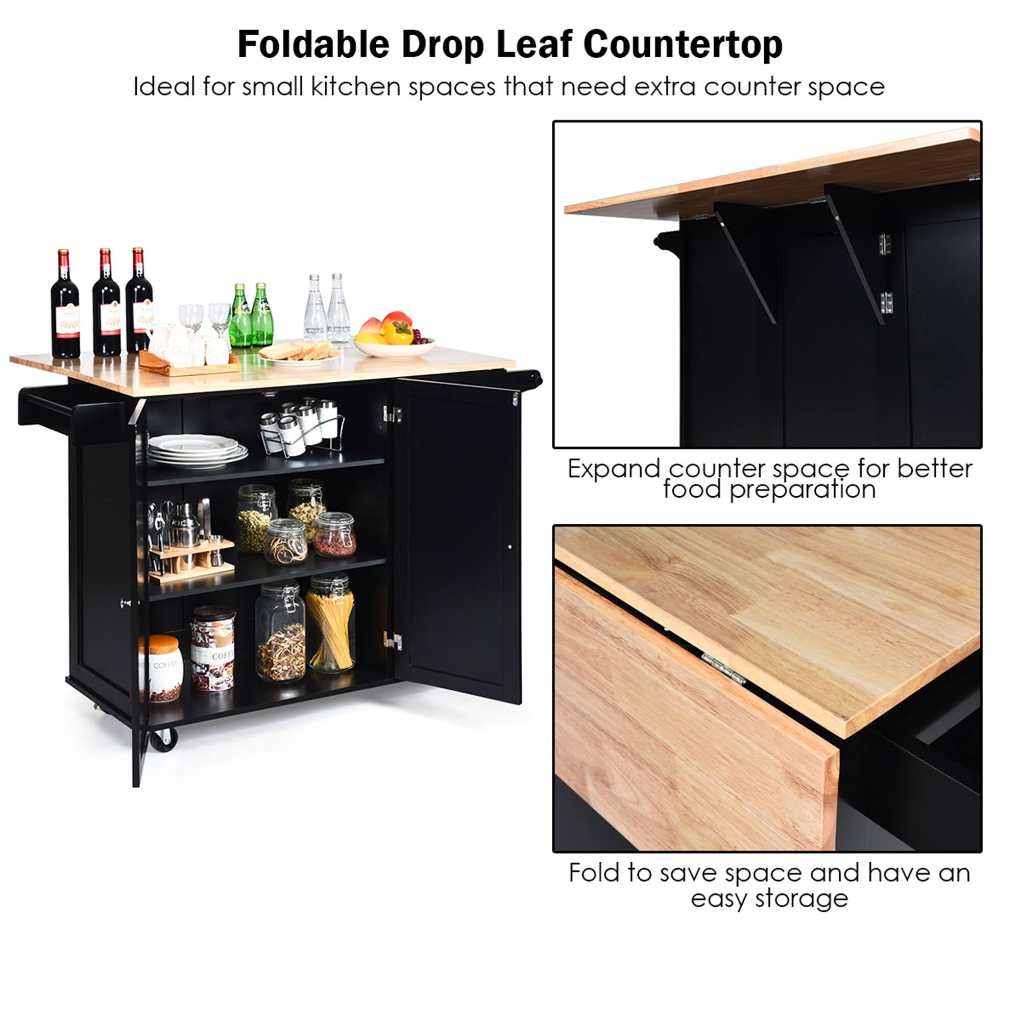 Gymax Drop-Leaf Kitchen Island Trolley Cart Wood Storage Cabinet w/ - See Details - Kitchen Cart - Black