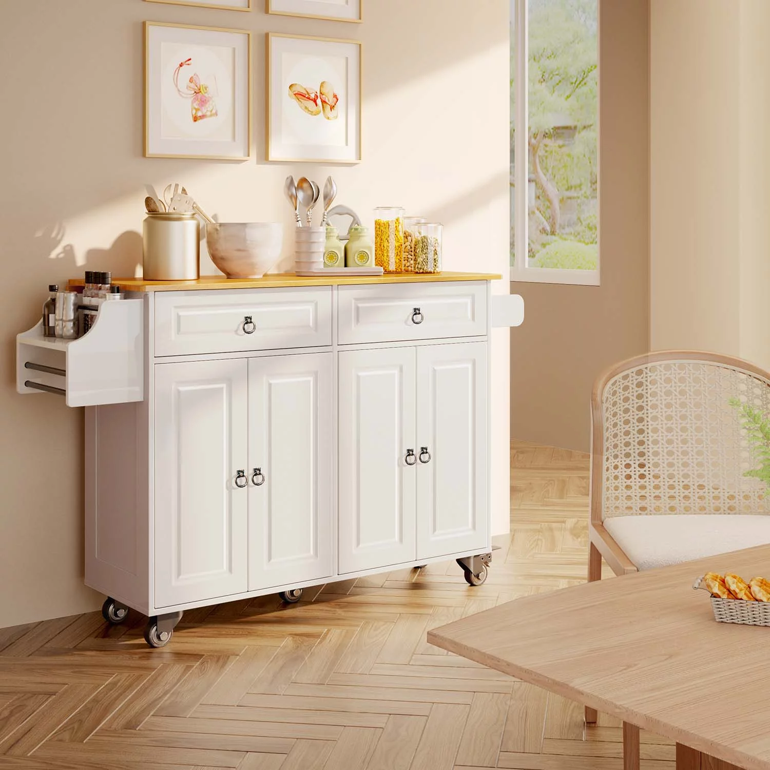 Lofka 52" Kitchen Island with Storage, Kitchen Cart with Drop Leaf, White