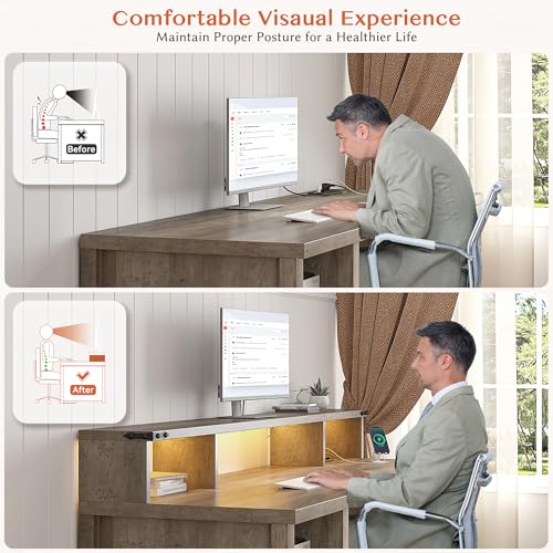 EnHomee Farmhouse Office Desk with Drawer & Power Outlets, Wood Computer Desk Monitor Stand for Bedchamber Study