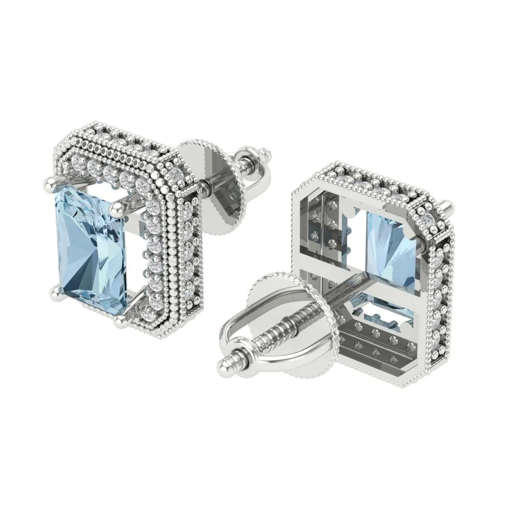 2.44Ct Brilliant Emerald Cut Halo Studs Genuine Blue Simulated Diamond Solid 18K White Gold Earrings Screw Back