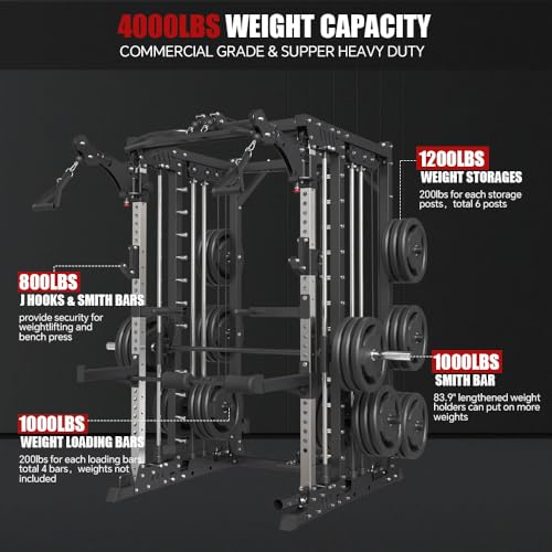 Commercial Smith Machine with Smith Bar, 4000LBS Power Cage Squat Rack with Lever Arm, Leg Press, LAT Pull Down System