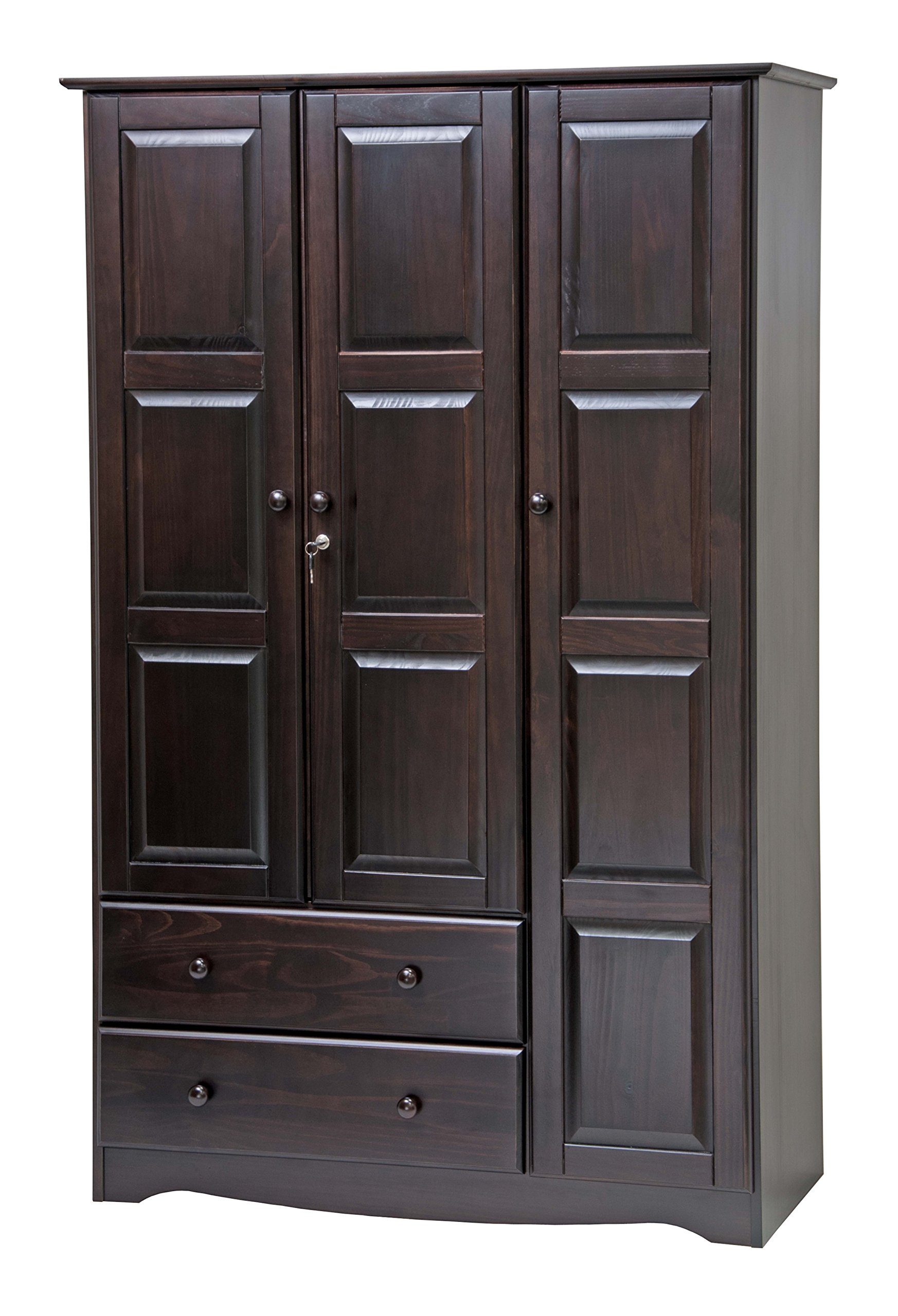 【Furniture】100% Solid Wood Grand Wardrobe/Armoire, 46" x72"x21", with 4 Shelves, 1 Clothing Rod, 2 Drawers, 1 Lock