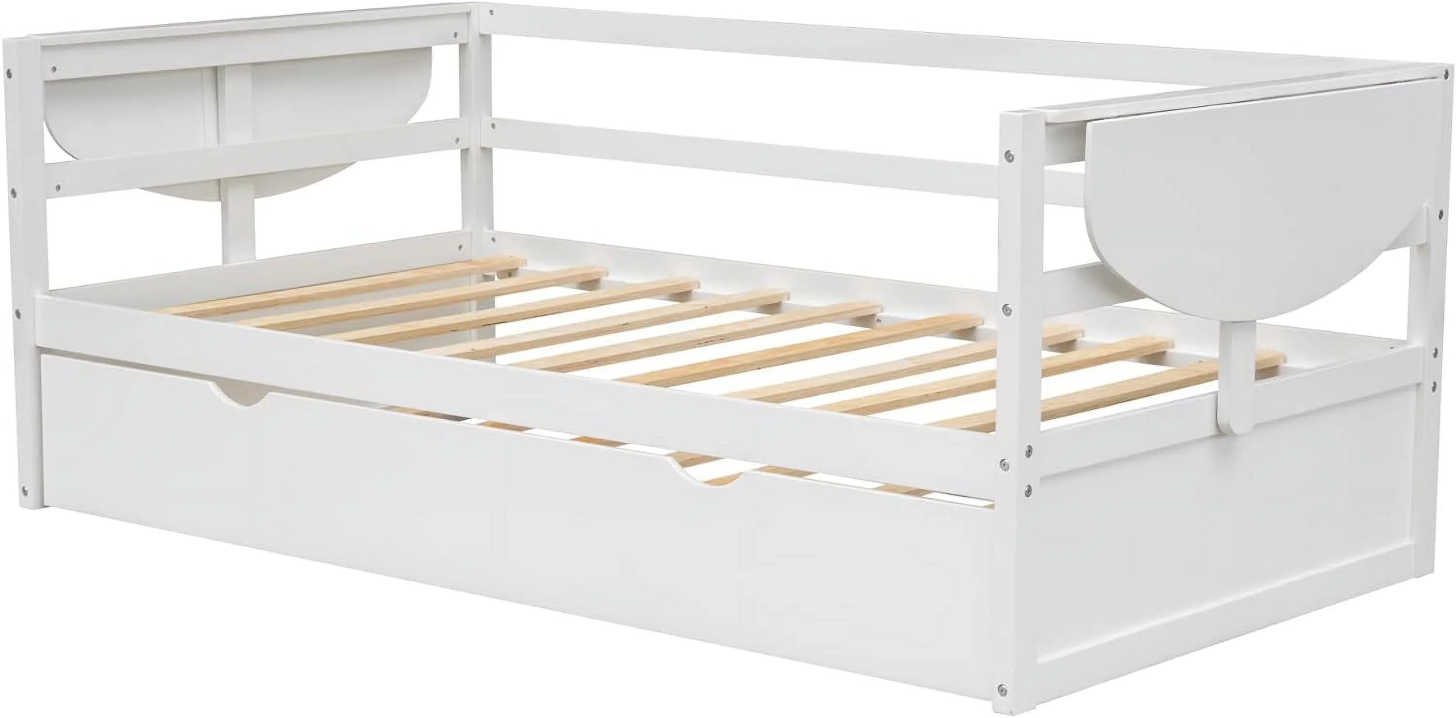 Size Daybed With Trundle, Solid Wood Daybed Frame With Foldable Shelves On Both Sides, For Kids Teens Guests. Bedroom Living Room Furniture (, White)