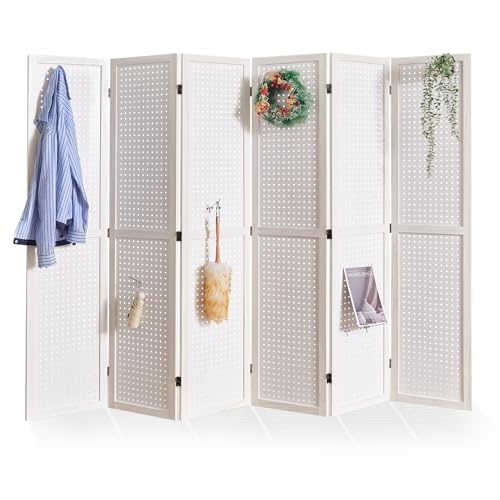 Pegboard Display, 5.6Ft Wooden Room Divider Folding Privacy Screens Portable Freestanding Wall Organizer for Retail Craft Art Display Board (4panels