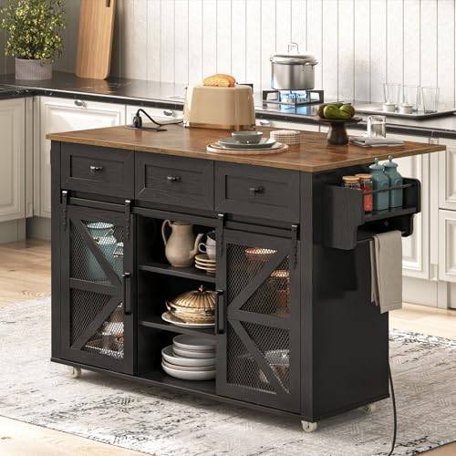 Kitchen Island with Storage, Kitchen Cart with Charging Station, Rolling Kitchen Island Table with Drop-Leaf, 3 Drawers, Barn Doors