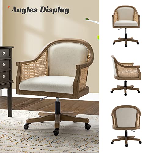 HULALA HOME Rattan Desk Chair, Upholstered Home Office Chair, Vintage Office Chair with Armrest