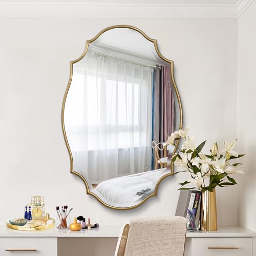 Scalloped Oval Wall Mirror, 24“X36” Gold Bathroom Vanity Mirror, Ornate Decorative Mirror for Living Room, Washroom, Bedroom