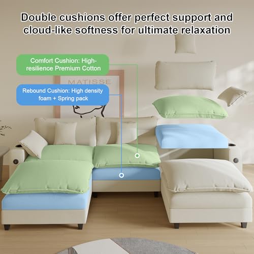 Modular Sectional Sofa, Cloud Couch with Ottoman, Charging Station, Throw Pillows, Cup Holders, Modern Convertible U Shaped Couches for Living Room