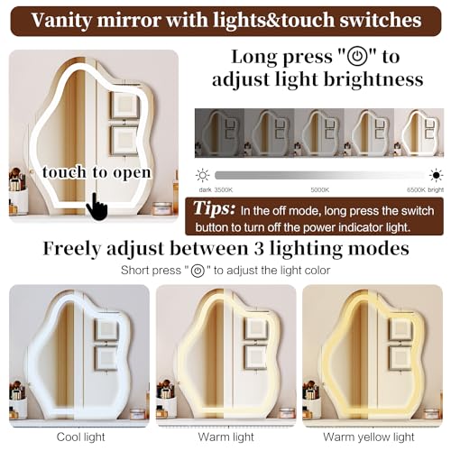 Makeup Vanity Desk with Cloud Lighted Mirror with Power Outlet and LED Strip, 3 Color Lighting Modes with Adjustable Brightness