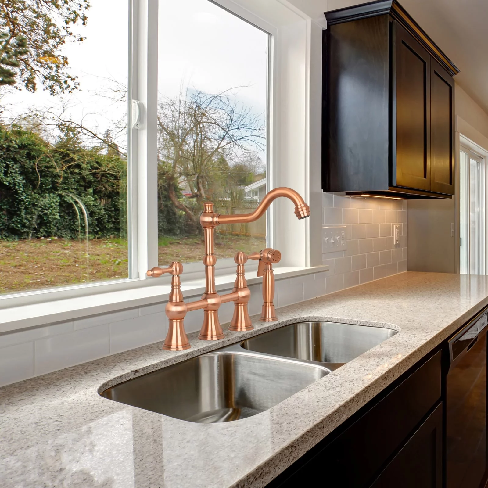 Two-Handles Bridge Kitchen Faucet with Side Sprayer Copper Copper Finish