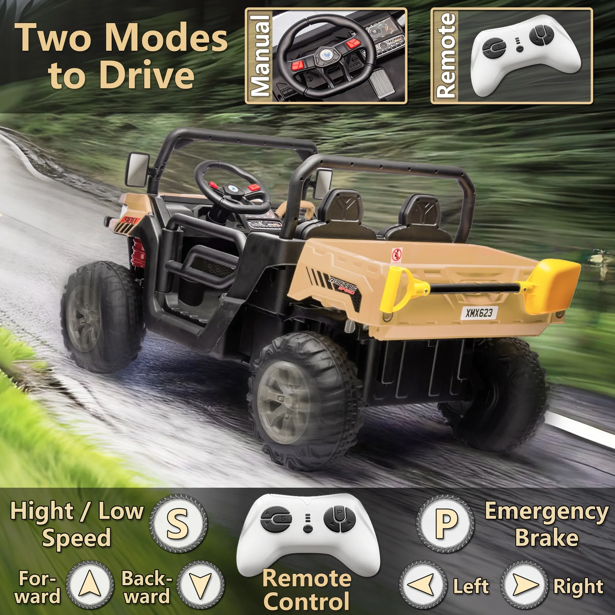 24V 2 Seater Kids Ride on Car Truck, Ride On UTV with 2x200W Motor Ride On Dump Truck, Ride On Car with Dump Bed/Shovel