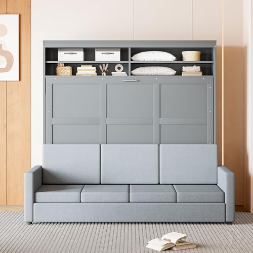 Harper & Bright Designs Queen Size Murphy Bed with Cushion and Storage Shelves, Wood Queen Platform Bed with Sofa, Wall Bed