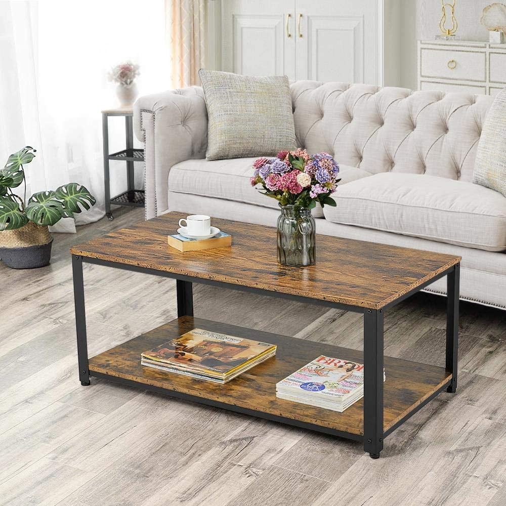 Industrial Living Room 3-Piece Table Sets - Includes Coffee Table & Two End Sofa Side Tables, Wood Home Accent Furniture, Easy Assembly, Rustic Brown
