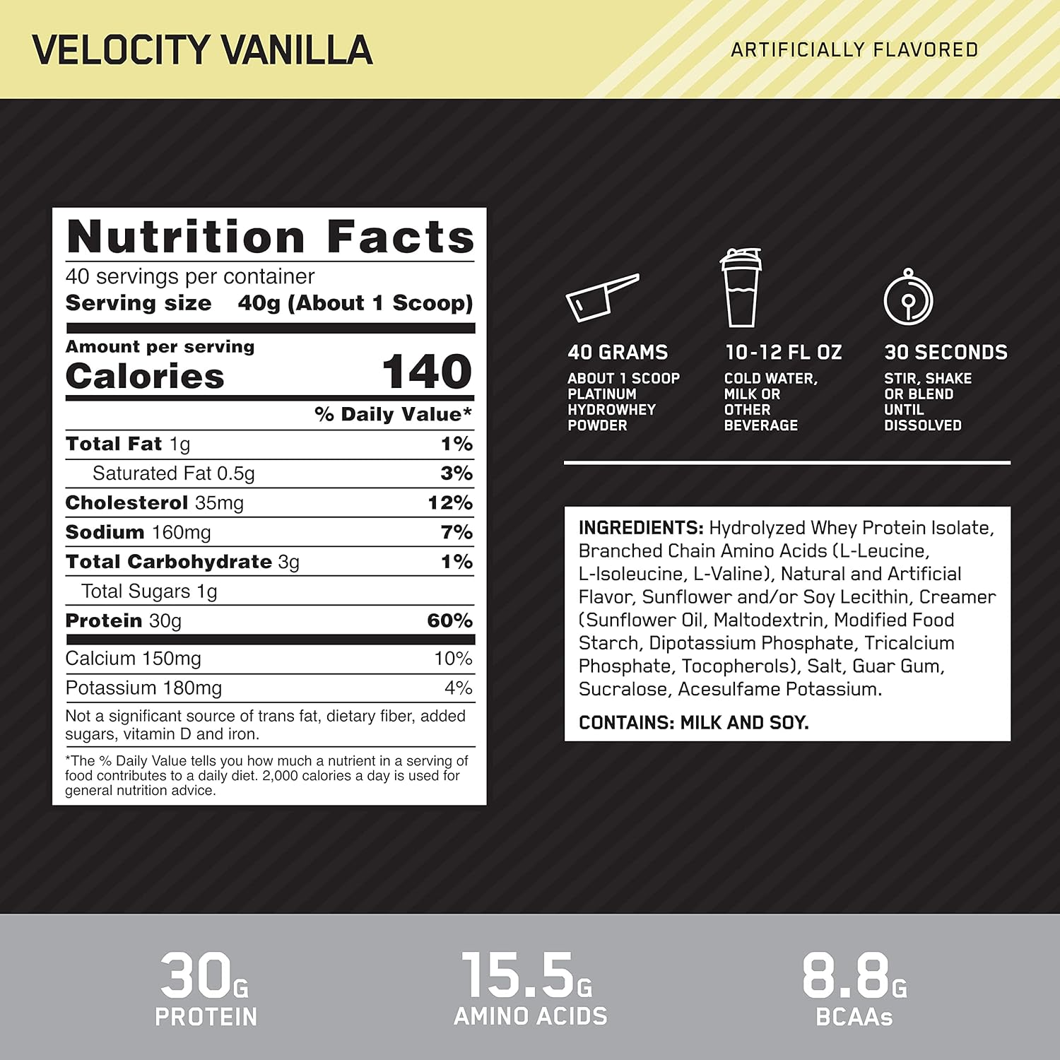 Optimum Nutrition Platinum Hydrowhey Protein Powder, 100% Hydrolyzed Whey Protein Isolate Powder, Flavor: Velocity Vanilla