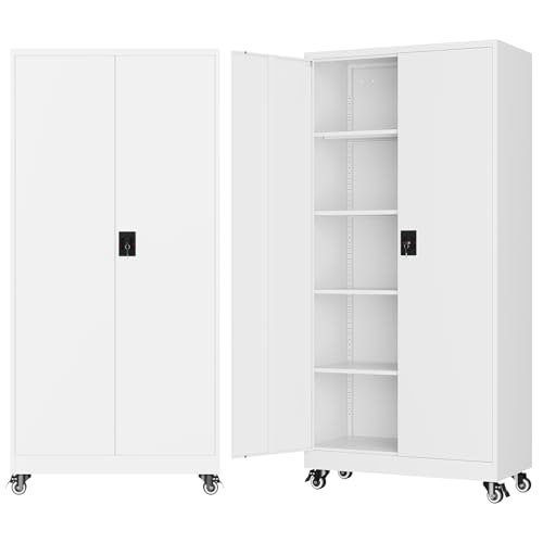 Metal Garage Storage Cabinet with Wheels,Metal Storage Cabinet with Adjustable Shelves,Steel Tool Cabinets with Locking Door for Home, School, Office