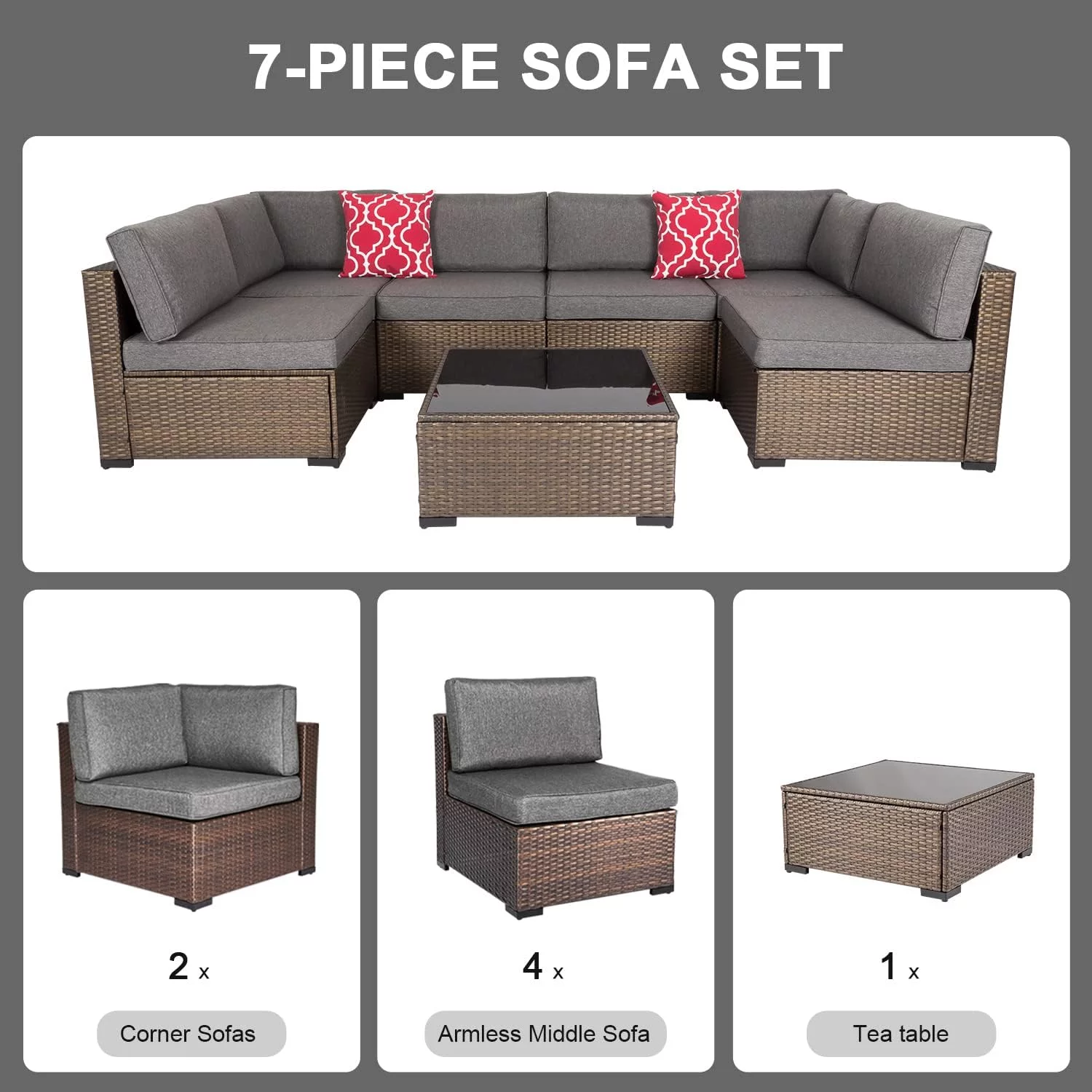 Kinbor 7pcs Outdoor Patio Furniture Set Wicker Sectional Sofa with Gray Cushions - Radiant Selections