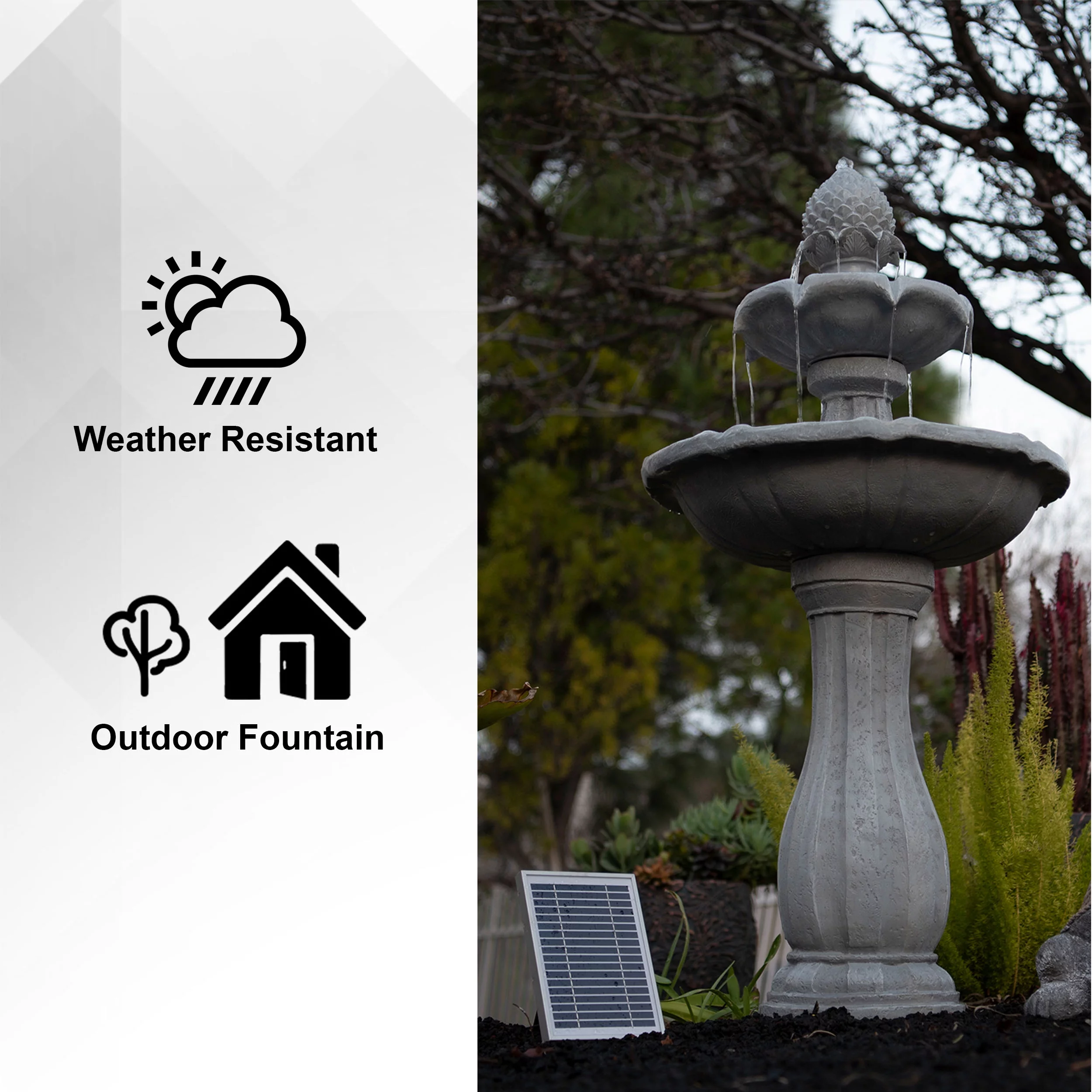 XBrand 44" H White Fiberglass/Resin 2-Tier Solar Water Fountain w/ Solar Panel and Auto-Shut Off Pump, Solar Garden Fountain, Tall Outdoor Fountain