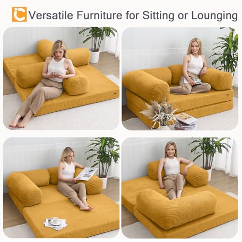 COMAX Folding Sofa Bed, Convertible Chair Bed Corduroy 3-in-1 Foldable Floor Couch with High-Density Foam, Futon Sofa Sleeper Mattress