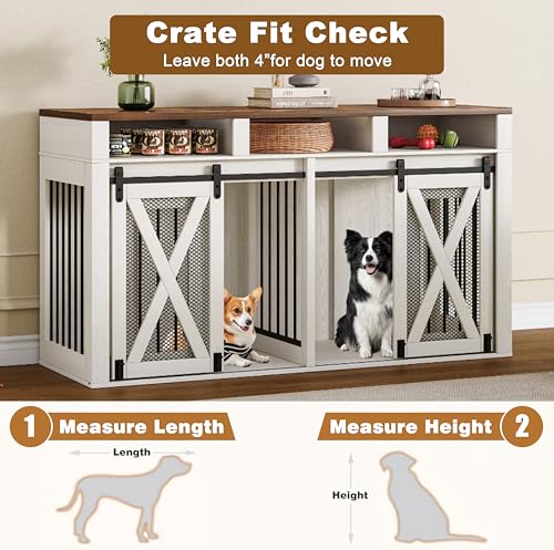 63" Large Dog Crate Furniture for 2 Dogs, Farmhouse Style Dog Cage TV Stand with Sliding Door