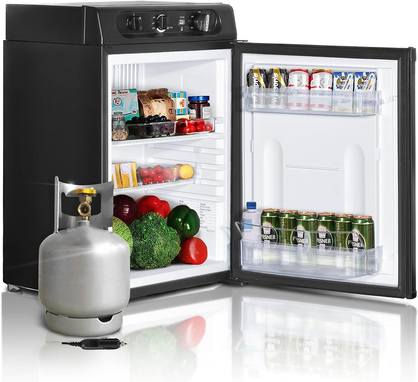 SMETA 12V Compact Fridge Camper Refrigerator, Propane Fridge for RV Camper Truck Trailer, 110V/12V/Gas Mini Fridge, 1.4 Cu.Ft, Black